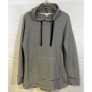 Women’s Striped Knit Hoodie Sweaters Size M Pullover Long Sleeve Casual Tie Neck